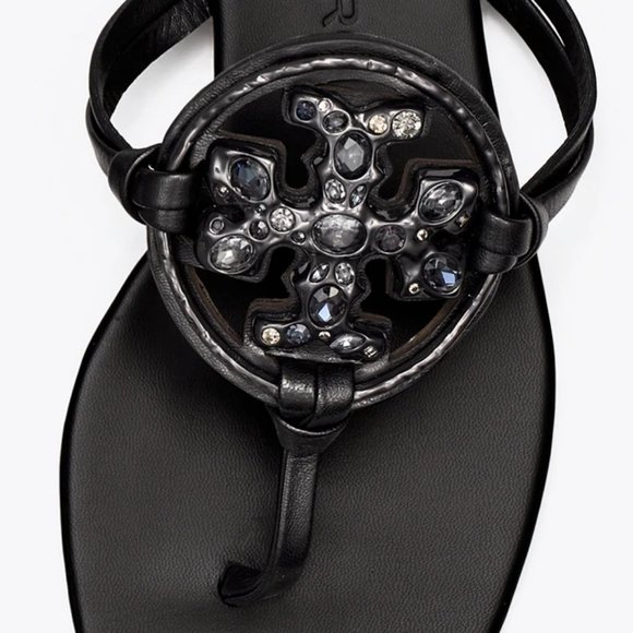 Tory Burch Miller Jeweled Embellished Crystal Leather Thong Sandals Black Sz 5.5 - Picture 5 of 12